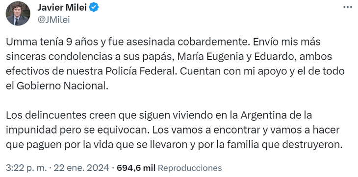 El posteo del mandatario Javier Milei sobre la muerte de la menor. El posteo del mandatario Javier Milei sobre la muerte de la menor.