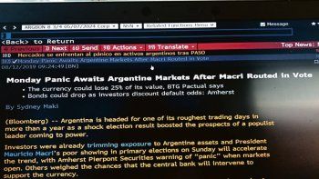 anticipo. Las pantallas de Bloomberg adelantaban en la&nbsp; madrugada de ayer la jornada de caos y pánico que vivirían las acciones y títulos públicos tanto en Argentina como en Wall St. Luego, en Bs. As hubo culpas cruzadas.