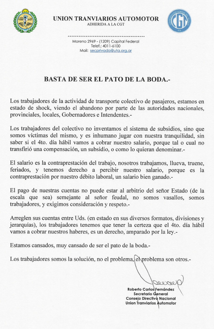 Comunicado de la UTA. Comunicado de la UTA.