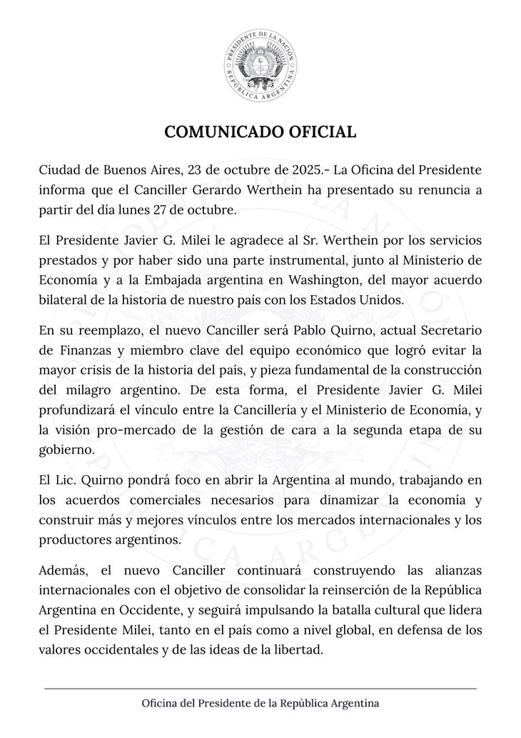 El comunicado oficial de la Oficina de Presidencia, que confirmó la designación de Quirno como Canciller.