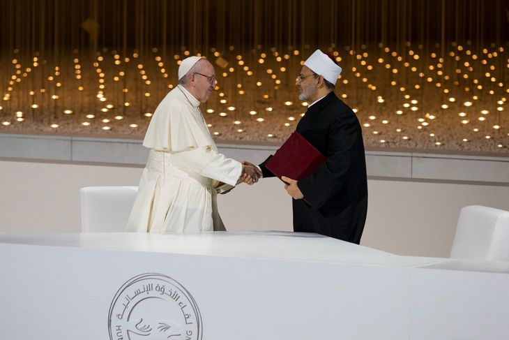 Pope Francis and the Grand Imam of Al-Azhar, Ahmad al-Tayyib, at the signing of the Fraternity document in 2019.