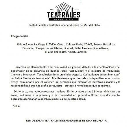 Comunicado de la Red de Salas Teatrales Independientes de Mar del Plata.