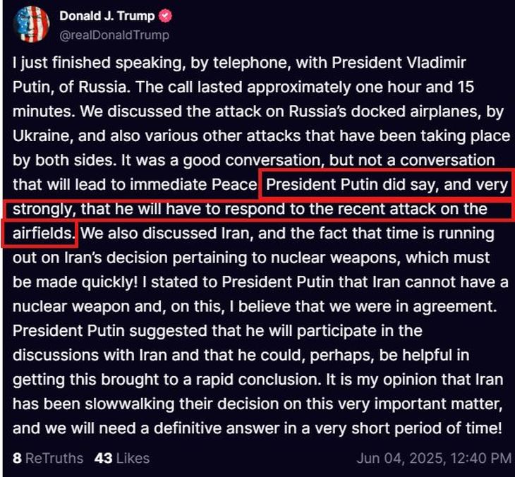 El mensaje completo de Donald Trump en su cuenta de Truth Social. El mensaje completo de Donald Trump en su cuenta de Truth Social.