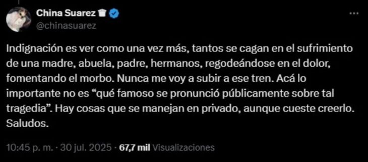 El mensaje que dejó la China Suárez en X tras recibir fuertes críticas. 