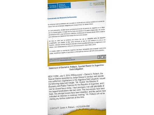 El Ministerio de Economía y el “special master” Daniel Pollack dieron ayer sendos comunicados sobre lo que sucedió en el encuentro en Nueva York. Desde el Palacio de Hacienda se habló sobre cómo se llegó al default de 2001, la necesidad de reponer el “stay” y la voluntad de reconocer el 100% de la deuda. Por su parte, el mediador envió un mail con un comunicado.