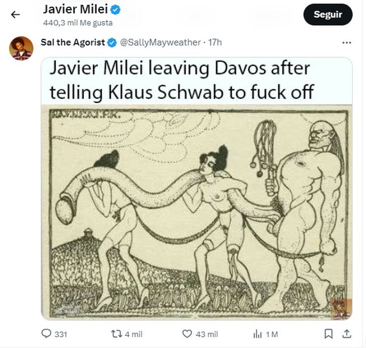 El tuit likeado por Javier Milei contra el presidente del Foro de Davos.&nbsp;