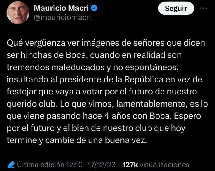 Mauricio Macri, molesto con los hinchas de Boca que insultaron a Javier Milei