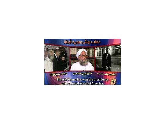 El audio de Al-Qaeda se distribuyó con una foto de Ayman al Zawahiri y con imágenes de Obama