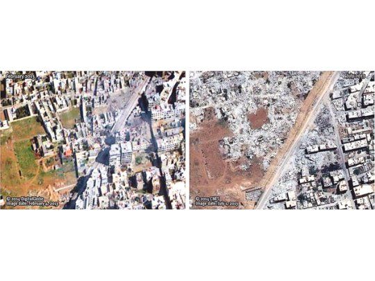 El suburbio de Meze, próximo a Damasco, antes y después de la intervención “urbanística” de las tropas de Bashar al Asad. Denuncian demoliciones sistemáticas de viviendas para penalizar a civiles con supuestas simpatías por los rebeldes sirios.