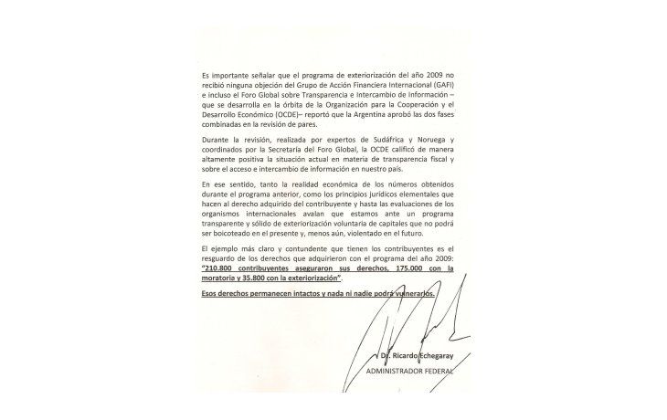 Nota firmada por el titular de AFIP,  Ricardo Echegaray.
