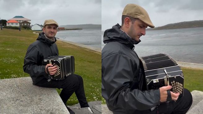 Alejandro Pereyra interpretó el Himno Nacional con su bandoneón en territorio malvinense.