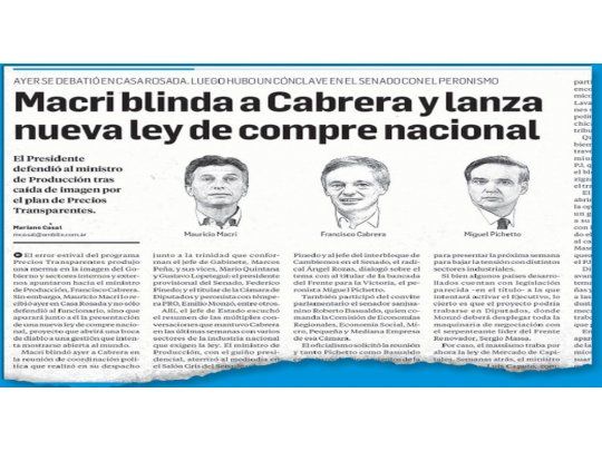 blindaje. El 24 de marzo pasado,  Ámbito Financiero contó la reunión entre Cabrera y senadores, donde confirmó el envío del compre nacional.