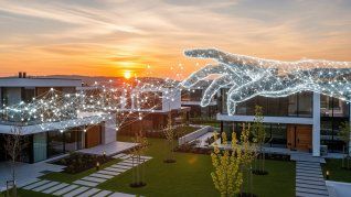 Una mano digital conecta viviendas con la tecnología blockchain, símbolo de la tokenización que abre nuevas formas de inversión inmobiliaria.