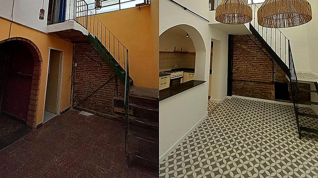 Antes y después de un PH reciclado: la intervención respetó la estructura original —muro portante de ladrillo visto, entrepiso y escalera metálica— y mejoró la funcionalidad del espacio con una planta más abierta, mayor ingreso de luz y actualización de terminaciones