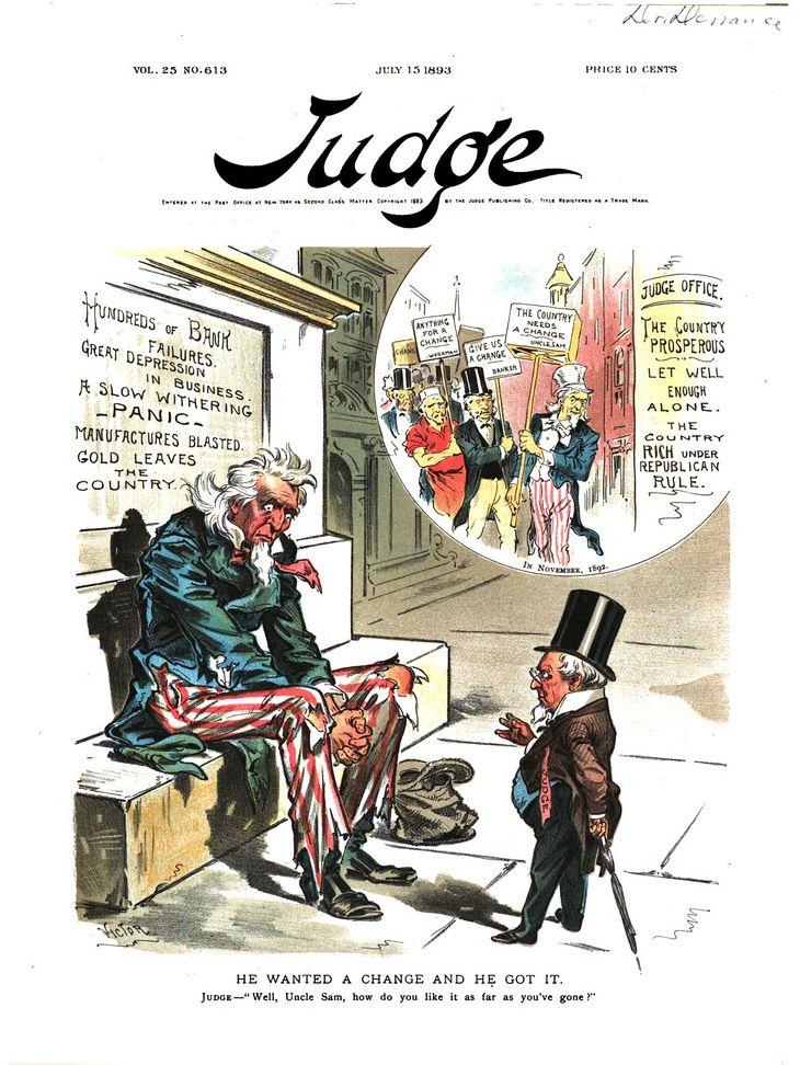 Los cambios económicos que introdujeron los demócratas tras la victoria de Grover Cleveland fueron vistos -y burlados- por los Republicanos como causantes de la crisis de 1893 Los cambios económicos que introdujeron los demócratas tras la victoria de Grover Cleveland fueron vistos -y burlados- por los Republicanos como causantes de la crisis de 1893