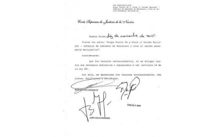Facsímil del fallo de la Corte Suprema de Justicia de apenas una carilla.