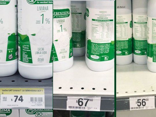 Diferencia. El botellón de leche La Serenísima varió sus precios durante toda la semana pasada.