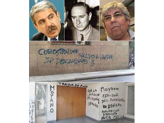 Aníbal Fernández, Augusto Timoteo Vandor y Hugo Moyano. La pintada que también acusaba a Julio Cobos de traidor. En agosto de 2010, la sede del PJ bonaerense en La Plata aparecieron pintadas que también acusaban a Moyano de traidor.