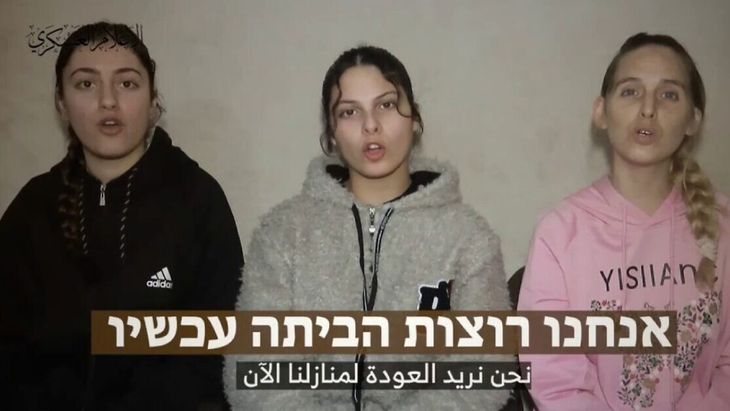 Karina Ariev, Daniella Gilboa and Doron Steinbrecher, the Israeli hostages who appear in the video released by Hamas. Karina Ariev, Daniella Gilboa and Doron Steinbrecher, the Israeli hostages who appear in the video released by Hamas.