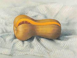 “Pumpkin with slash on striped cloth”, one of the 31 works donated by Ricardo Garabito to the Malba collection, all with everyday themes that the artist takes to the heights through an unmistakable poetics.  