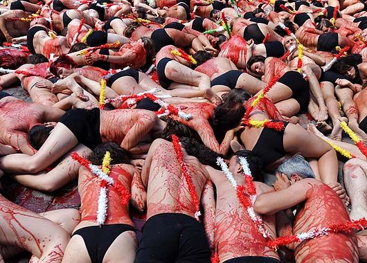 En ropa interior y con falsa sangre, miembros de organizaciones por la defensa del animal protestaron