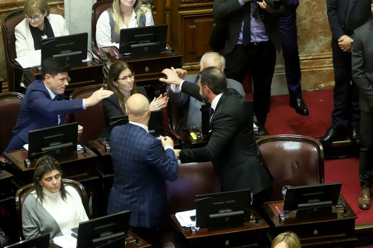 Senadores de La Libertad Avanza celebran la aprobación de la ley Bases luego del empate en 36, que Victoria Villarruel destrabó con su voto. Senadores de La Libertad Avanza celebran la aprobación de la ley Bases luego del empate en 36, que Victoria Villarruel destrabó con su voto.