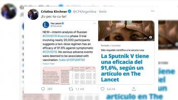 que dijo cristina sobre la eficacia de la vacuna rusa publicada en the lancet