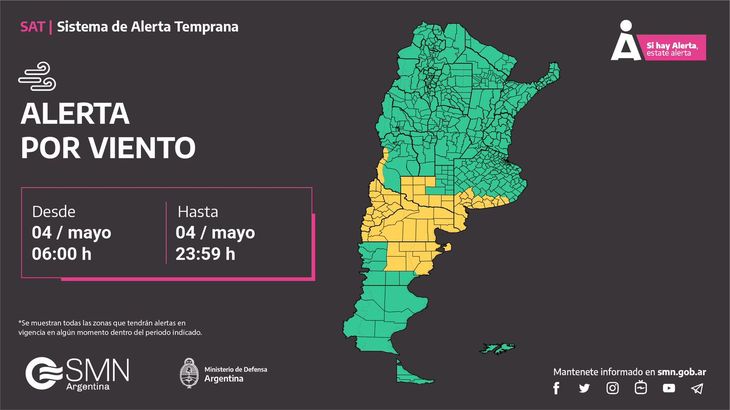 Vientos del sector norte, con velocidades entre 40 y 55 km/h y con ráfagas que podrán superar los 70 km/h. Vientos del sector norte, con velocidades entre 40 y 55 km/h y con ráfagas que podrán superar los 70 km/h.