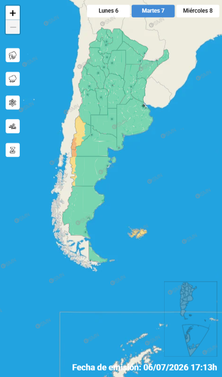 Alerta por lluvias en Patagonia: El Servicio Meteorológico Nacional emitió alertas naranja para zonas de Neuquén y Río Negro y amarilla para áreas de Neuquén y la cordillera de Chubut.