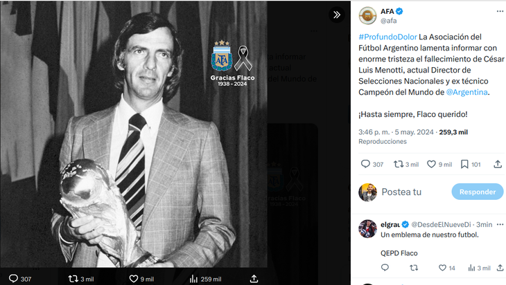 The message from the AFA for the death of César Luis Menotti The message from the AFA for the death of César Luis Menotti