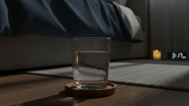 Vaso de agua junto a la cama.