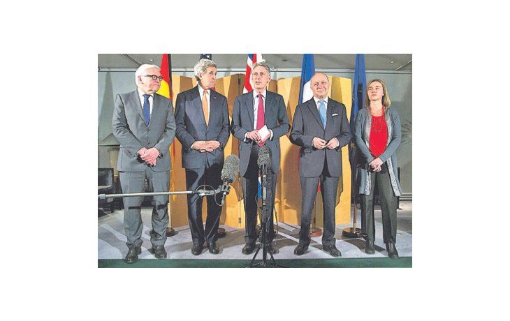 ámbito.com | Los cancilleres de Alemania, Walter Steinmeier; de Estados Unidos, John Kerry; del Reino Unido, Philip Hammond; de Francia, Laurent Fabuis; y la representante de Relaciones Exteriores de la Unión Europea, Federica Mogherini. El diálogo nuclear con Irán, e