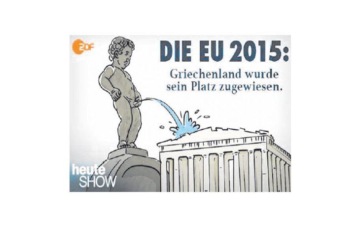 ámbito.com | Ésta fue la lectura del acuerdo que cerró el eurogrupo con Grecia para la televisión alemana (ZDF). El Manneken Pis, la escultura que simboliza a Bruselas (sede del Consejo Europeo), tiene al Partenón en la mira bajo la leyenda “Grecia fue puesta en su lu