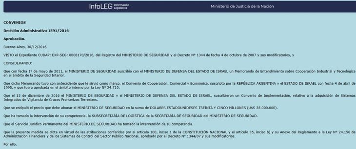 Convenio entre la Argentina con el ministerio de Defensa de Israel.