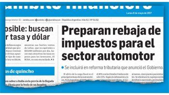 Primicia. El 8 de mayo pasado Ámbito Financiero había anticipado que el Gobierno analizaba bajar los impuestos a los 0 km.