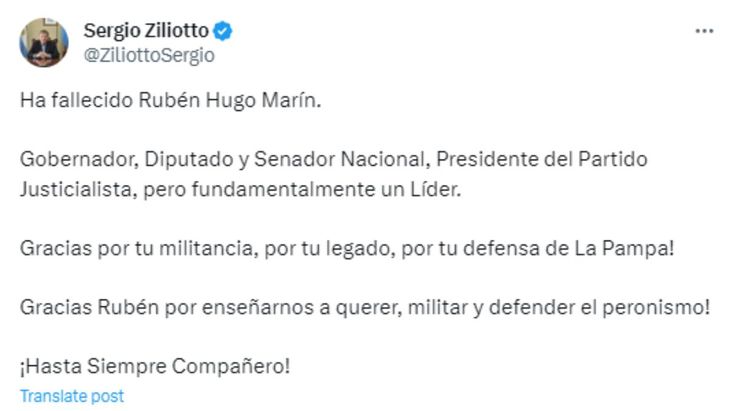 El mensaje del gobernador de La Pampa, Sergio Ziliotto, por la muerte de Rubén Hugo Marín. El mensaje del gobernador de La Pampa, Sergio Ziliotto, por la muerte de Rubén Hugo Marín.