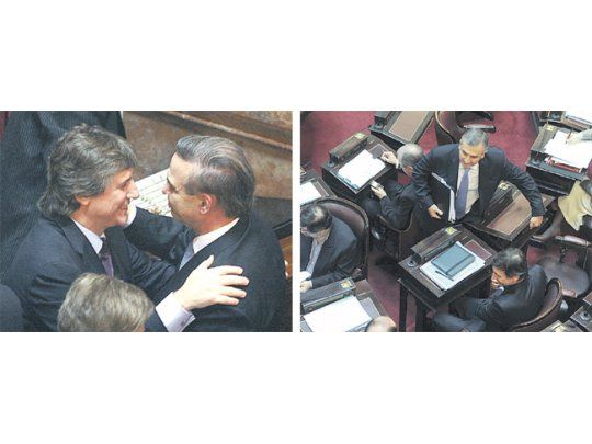 Amado Boudou se abraza con Miguel Pichetto al final de la sesión de ayer donde se aprobó la expropiación de ciccone. Las críticas más duras vinieron de radicales como Gerardo Morales o Luis Naidenoff.