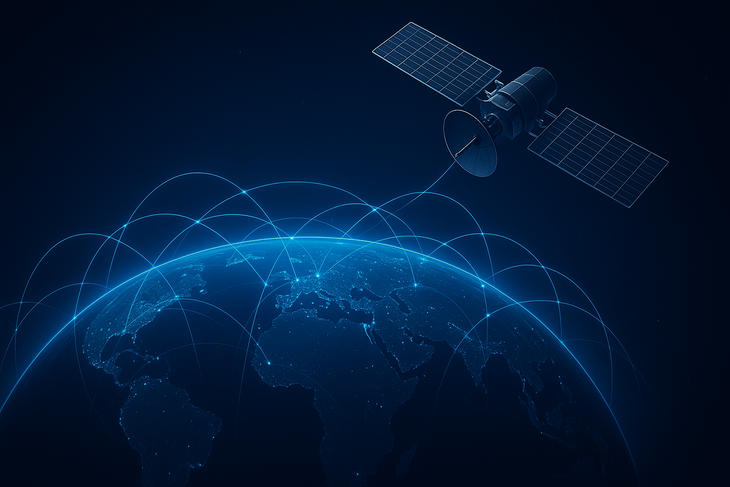 Ilustración conceptual de la nueva red satelital 5G para IoT, diseñada para ampliar la cobertura en territorios remotos y habilitar un mayor flujo de datos a nivel global. Ilustración conceptual de la nueva red satelital 5G para IoT, diseñada para ampliar la cobertura en territorios remotos y habilitar un mayor flujo de datos a nivel global.