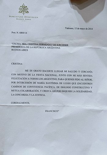 Carta que recibió y difundió el Gobierno supuestamente del Papa