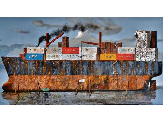 Juan Ranieri. ”Los bajos del temor” (Masilla elastomérica, acrílico y collage s/tela  60 x 180 cm.)