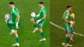 El show de Dibu Martínez ante Brasil: jueguitos en medio del partido y empujón a Raphinha