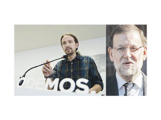 Pablo Iglesias, rostro visible del partido emergente Podemos, que pretende dar cauce político al movimiento de los “indignados” por la crisis. Mariano Rajoy (derecha)