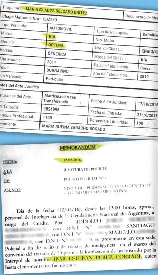 El acta donde figuran los datos de su presunta novia paraguaya y el memorando que confirma la presencia de efectivos de Gendarmería Nacional en territorio paraguayo para efectuar el operativo de captura que arrojó resultados negativos.