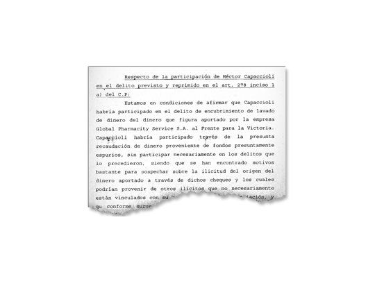 Facsímil de la resolución en la que el juez Oyarbide procesó a Capaccioli, entre otros delitos, por irregularidades en los aportes de campaña del Frente para la Victoria.