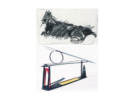 La de Julio Hirsch Chávez es una obra abierta, dinámica,  con ritmos en las curvas y rectas que se entrelazan en diagonales, ascendiendo o descendiendo,  y “líneas” que aparecen como sostén de otras.