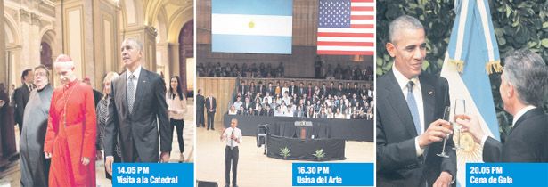 En la Catedral Metropolitana, Obama rezó y brindó un homenaje frente a los restos de José de San Martín. Después se fue a La Boca, a la Usina del Arte, donde disertó ante jóvenes emprendedores.