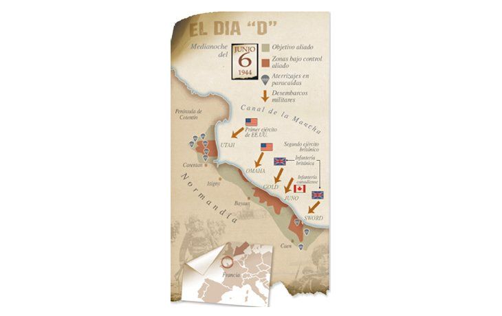 ámbito.com | En el gráfico se puede ver cómo fue el desembarco de las tropas aliadas el 6 de junio de 1944 en las playas de Normandía. Se realizó por cinco lugares distintos. Una recorrida por la región bien puede concentrarse en tratar de vivenciar cómo fue ese Día D