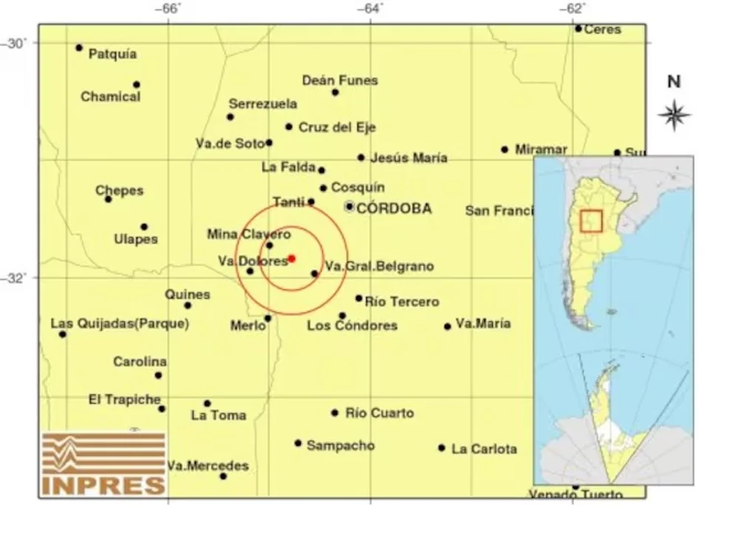 El Servicio Sismológico Nacional informó que el punto exacto del epicentro se situó 74 kilómetros al sudoeste de la ciudad de Córdoba, 218 kilómetros al noreste de San Luis y 24 kilómetros al sudeste de Mina Clavero.