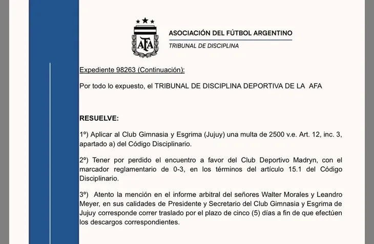 El fallo de la AFA contra Gimnasia de Jujuy. El fallo de la AFA contra Gimnasia de Jujuy.