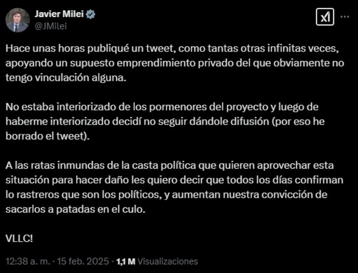 El posteo de Milei luego de que el escándalo se genere.